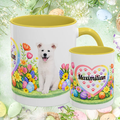 Shop our german shepherd white puppy easter mug featuring the 11oz style option from MySisterIsASurvivor.