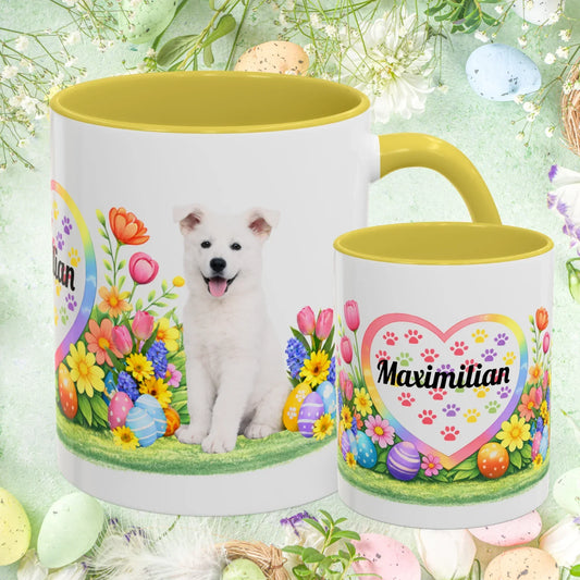 Shop our german shepherd white puppy easter mug featuring the 11oz style option from MySisterIsASurvivor.