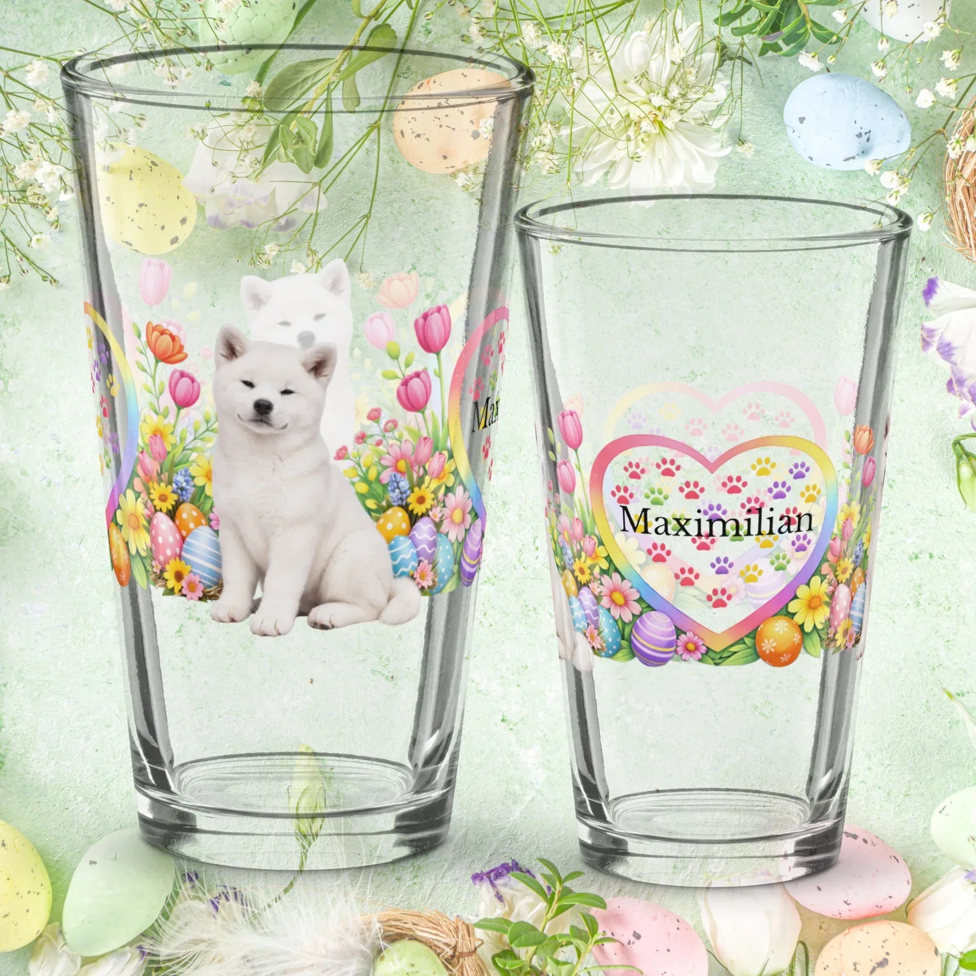 Shop our akita white easter puppy pint glass featuring the 16oz style option from MySisterIsASurvivor.