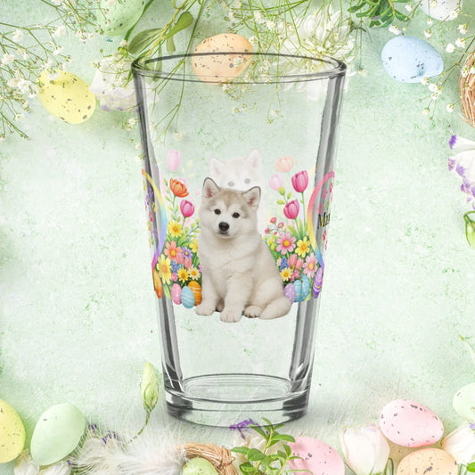 Shop our premium alaskan malamute white easter puppy pint glass from MySisterIsASurvivor.
