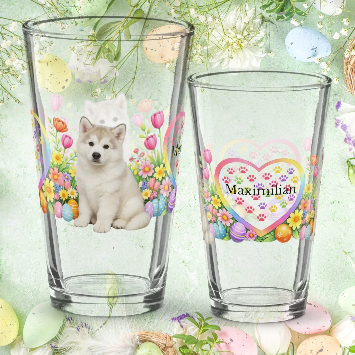 Shop our alaskan malamute white easter puppy pint glass featuring the 16oz style option from MySisterIsASurvivor.
