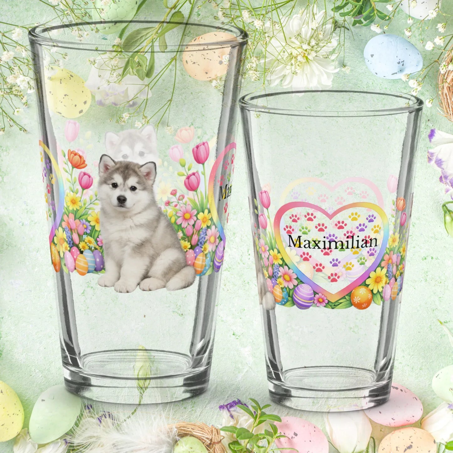Shop our alaskan malamute silver white easter puppy pint glass featuring the 16oz style option from MySisterIsASurvivor.