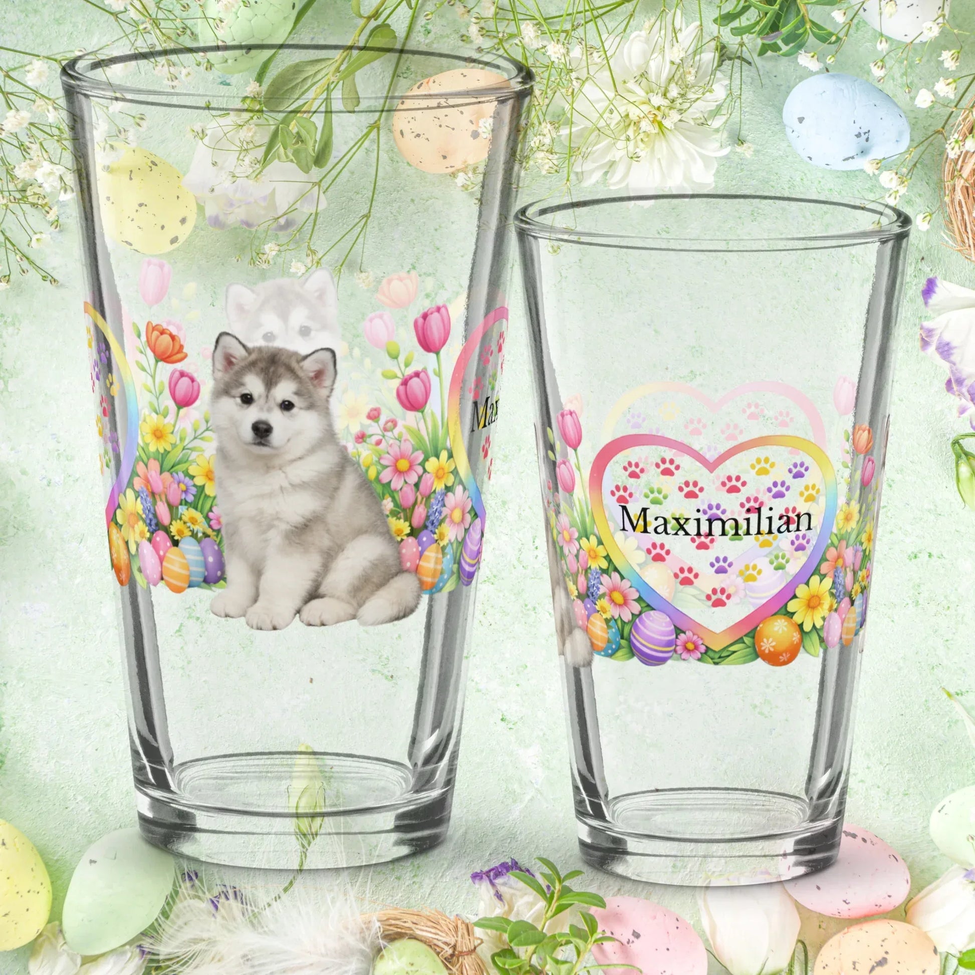 Shop our alaskan malamute silver white easter puppy pint glass featuring the 16oz style option from MySisterIsASurvivor.