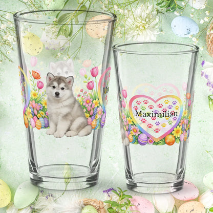 Shop our alaskan malamute silver white easter puppy pint glass featuring the 16oz style option from MySisterIsASurvivor.