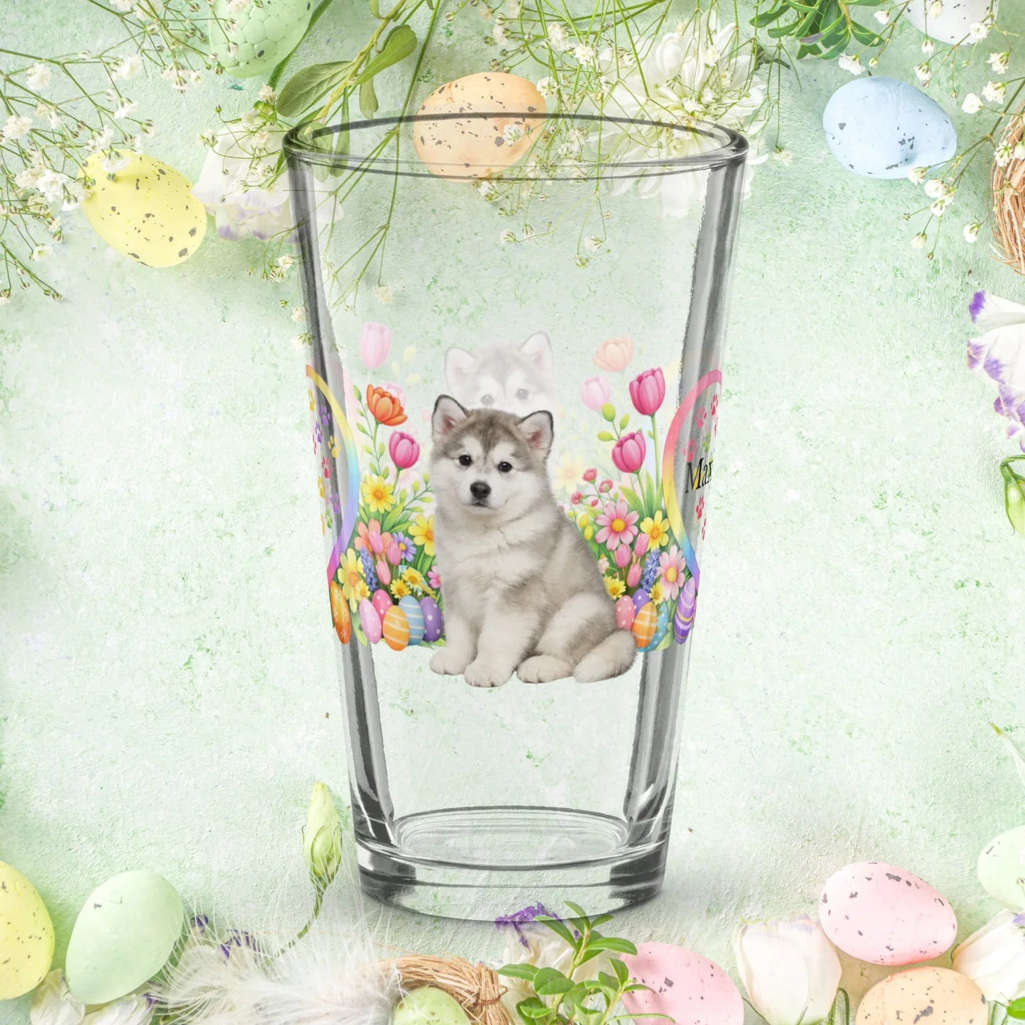 Shop our premium alaskan malamute silver white easter puppy pint glass from MySisterIsASurvivor.