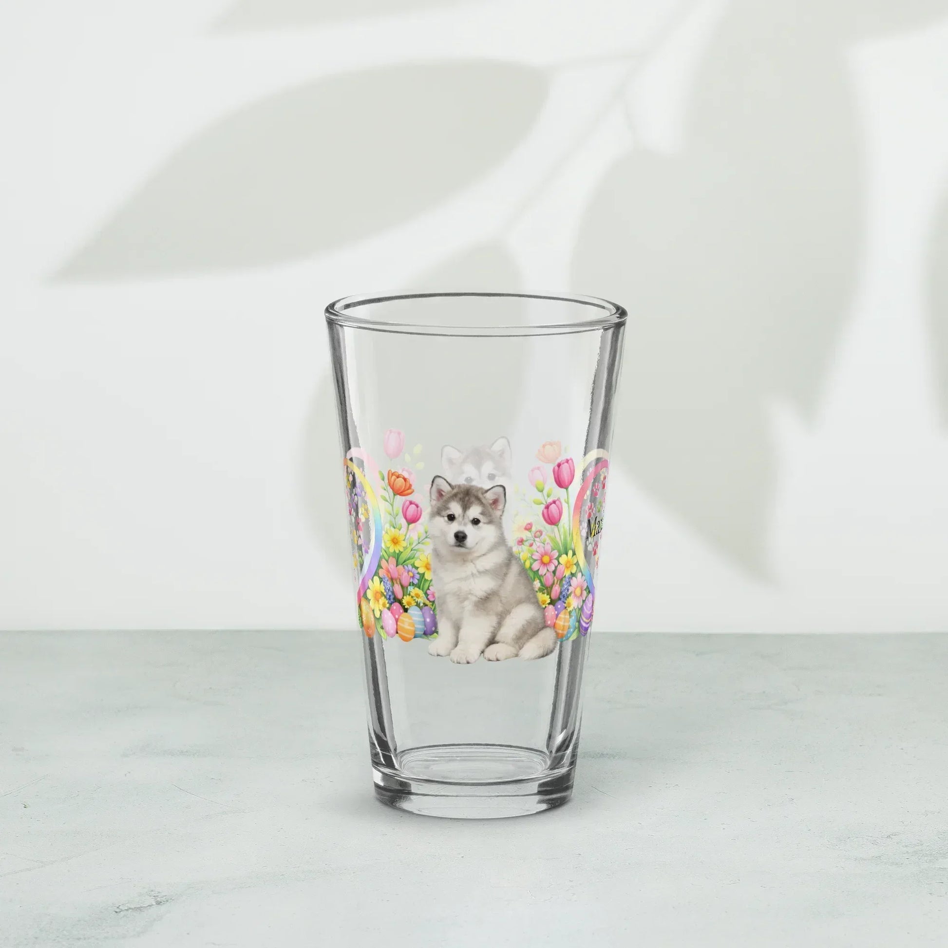 Shop our premium alaskan malamute silver white easter puppy pint glass from MySisterIsASurvivor.