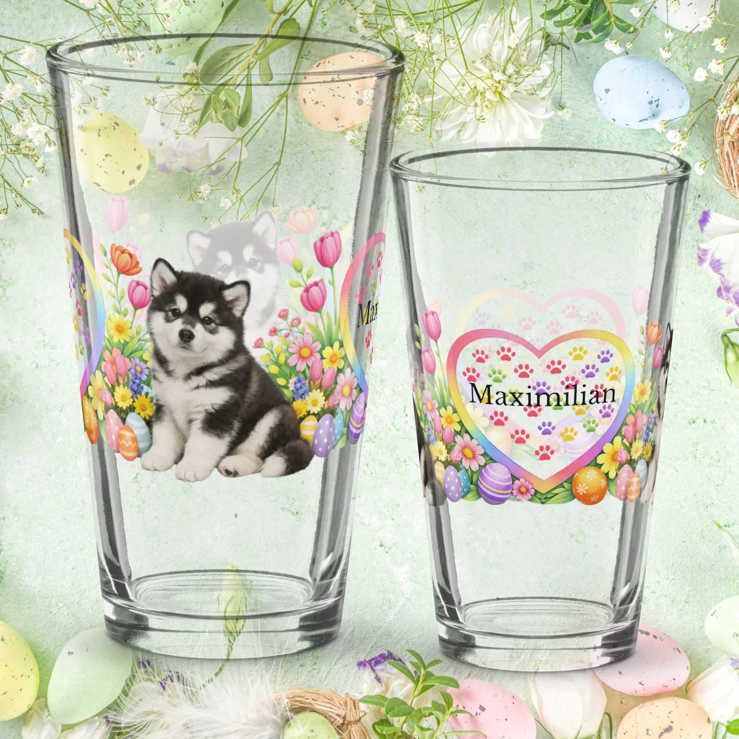 Shop our alaskan malamute seal white easter puppy pint glass featuring the 16oz style option from MySisterIsASurvivor.