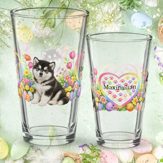 Shop our alaskan malamute seal white easter puppy pint glass featuring the 16oz style option from MySisterIsASurvivor.