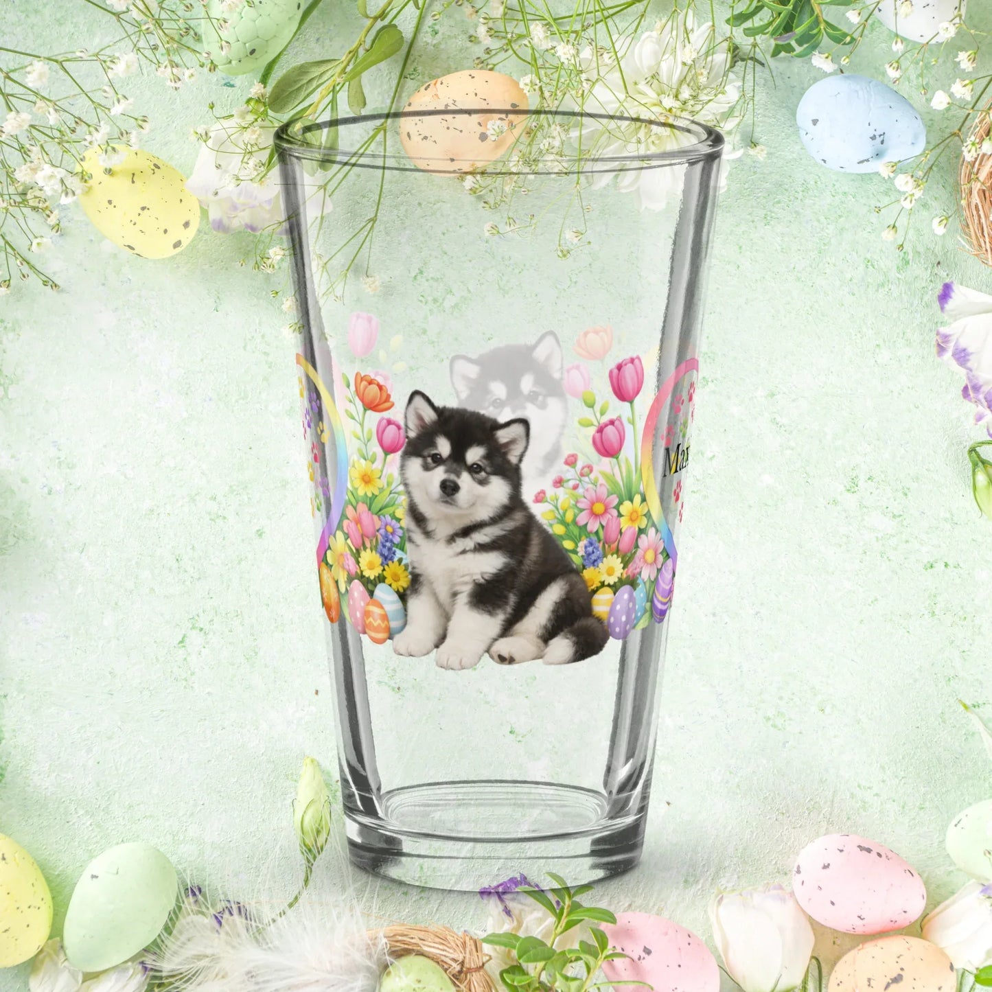 Shop our premium alaskan malamute seal white easter puppy pint glass from MySisterIsASurvivor.
