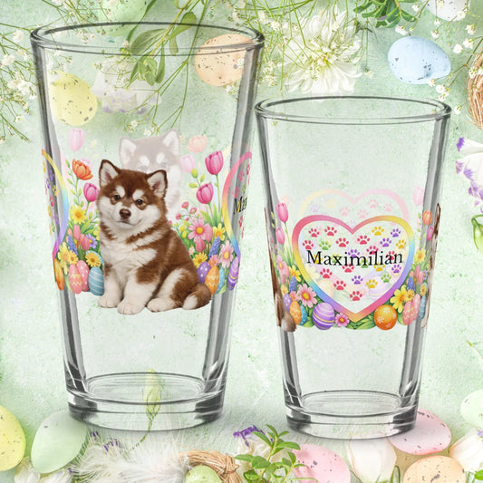 Shop our alaskan malamute red white easter puppy pint glass featuring the 16oz style option from MySisterIsASurvivor.