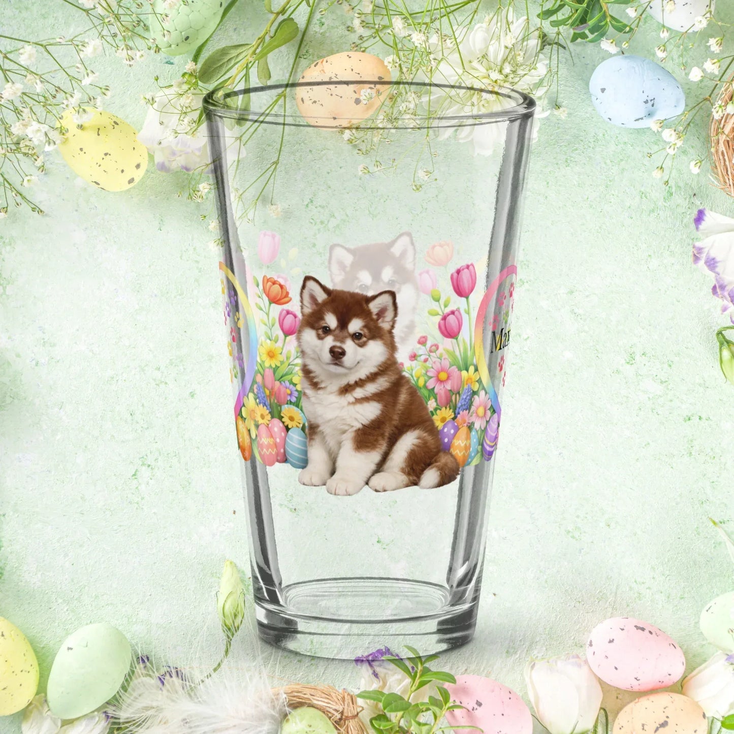 Shop our premium alaskan malamute red white easter puppy pint glass from MySisterIsASurvivor.