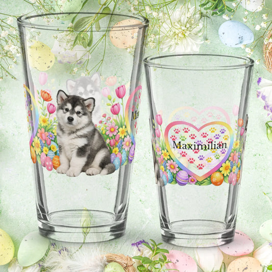 Shop our alaskan malamute gray white easter puppy pint glass featuring the 16oz style option from MySisterIsASurvivor.