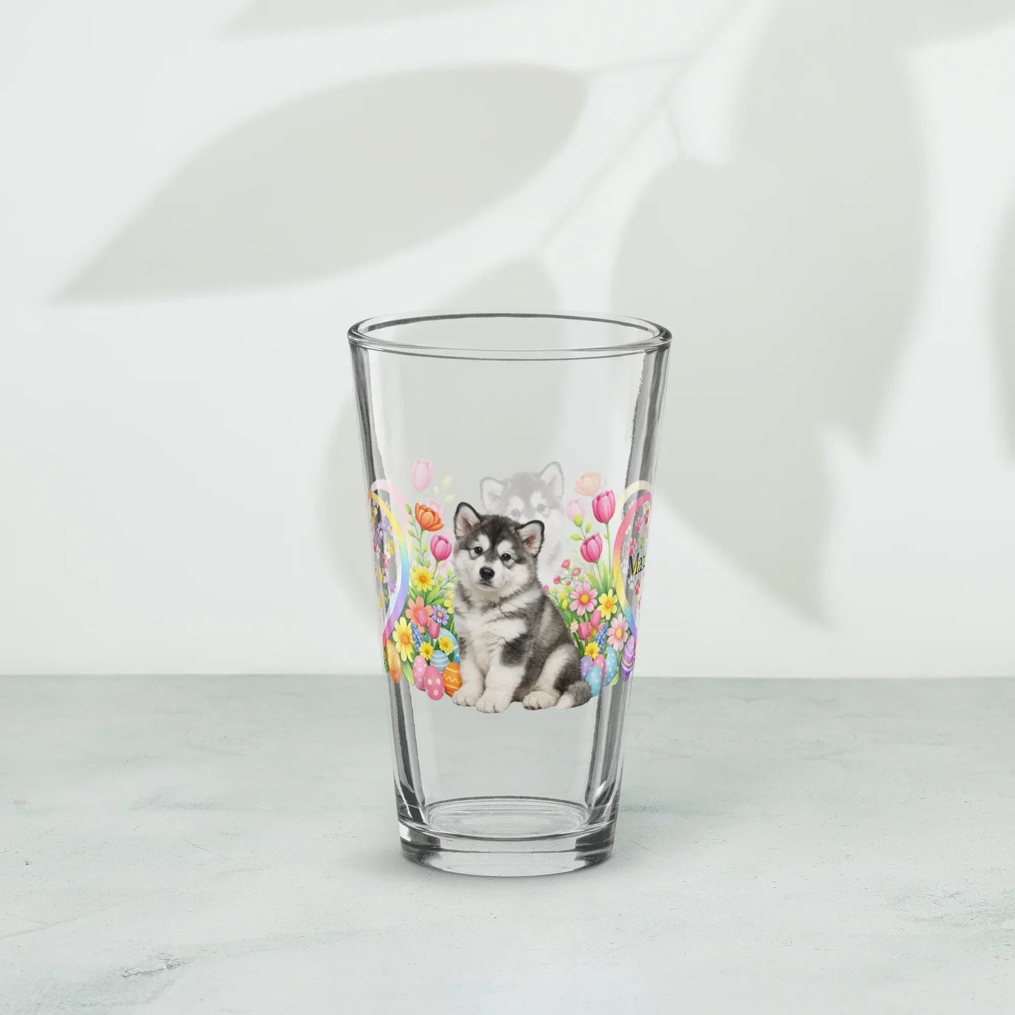 Shop our premium alaskan malamute gray white easter puppy pint glass from MySisterIsASurvivor.