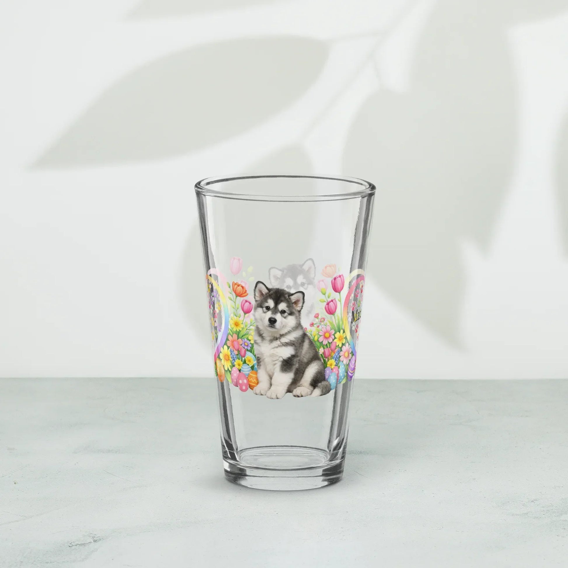 Shop our premium alaskan malamute gray white easter puppy pint glass from MySisterIsASurvivor.
