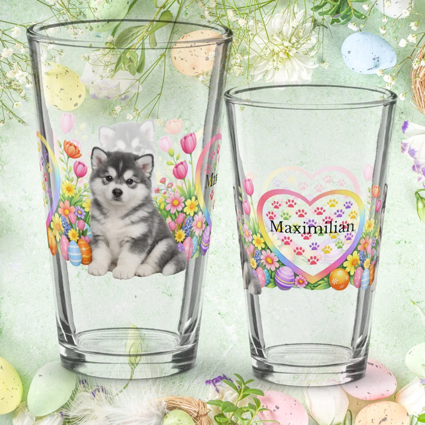 Shop our alaskan malamute blue white easter puppy pint glass featuring the 16oz style option from MySisterIsASurvivor.