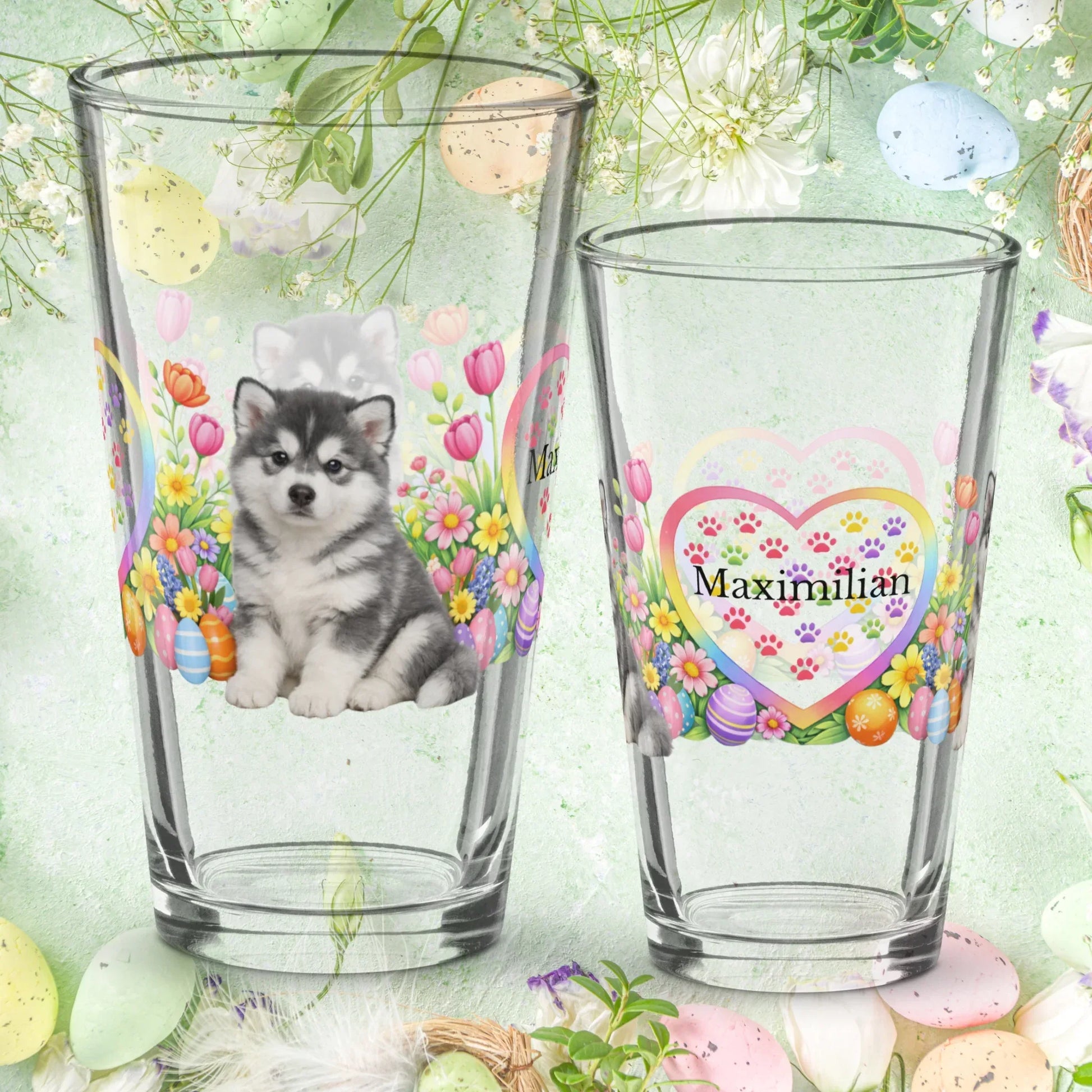 Shop our alaskan malamute blue white easter puppy pint glass featuring the 16oz style option from MySisterIsASurvivor.