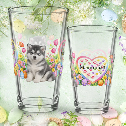 Shop our alaskan malamute blue white easter puppy pint glass featuring the 16oz style option from MySisterIsASurvivor.