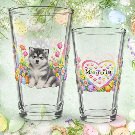 Shop our alaskan malamute blue white easter puppy pint glass featuring the 16oz style option from MySisterIsASurvivor.