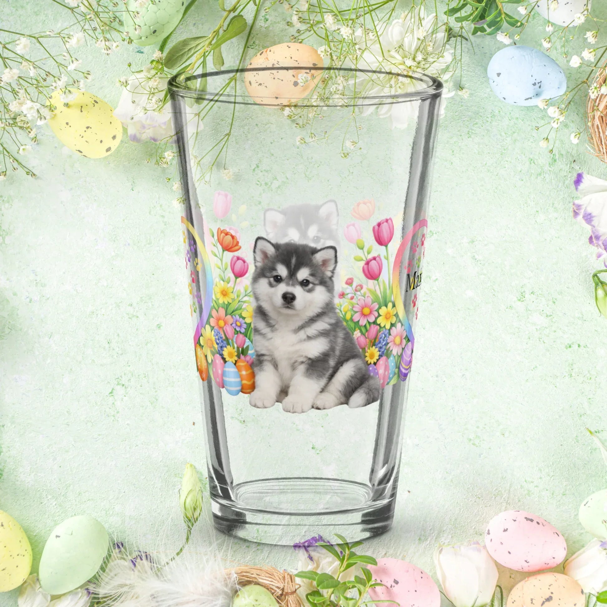 Shop our premium alaskan malamute blue white easter puppy pint glass from MySisterIsASurvivor.