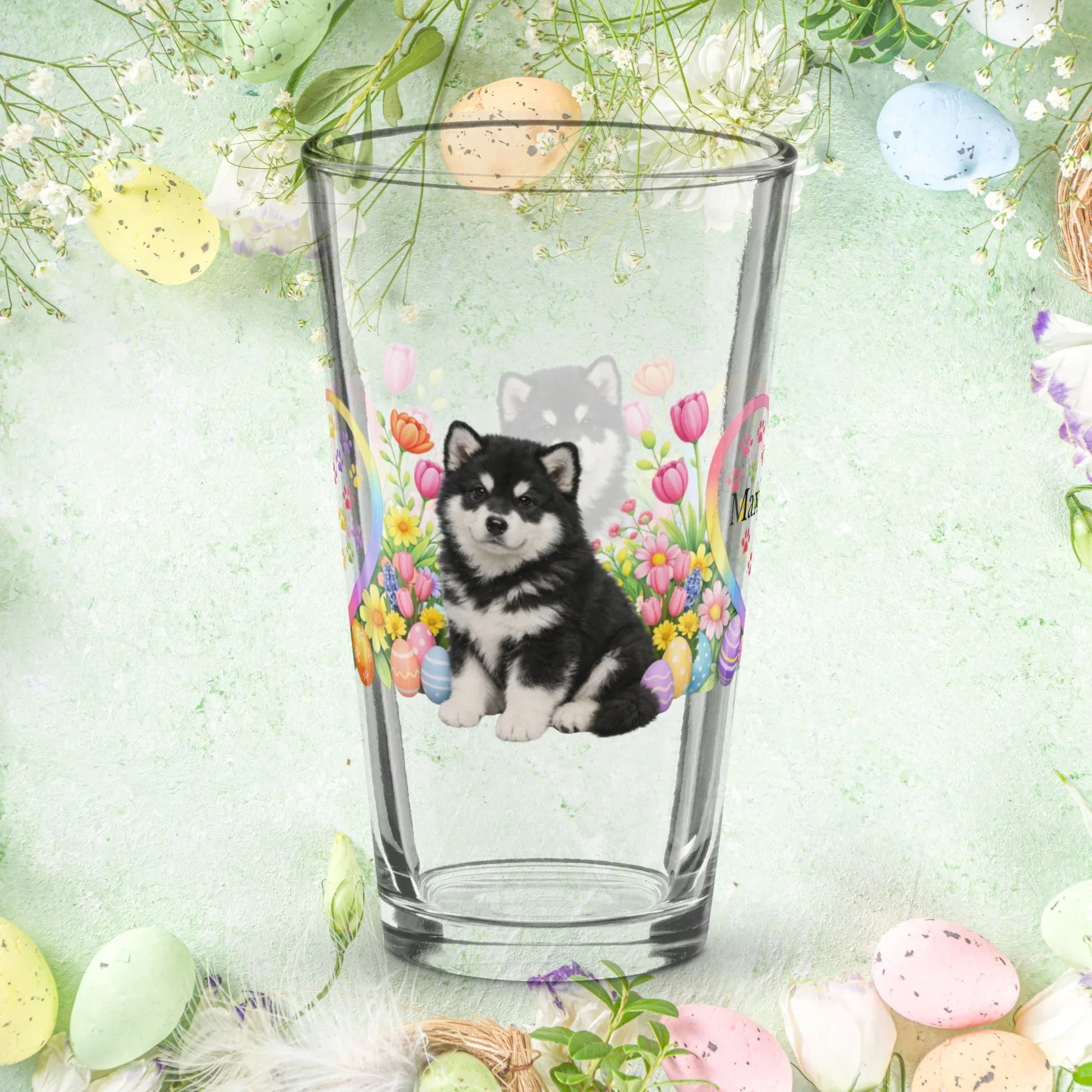 Shop our premium alaskan malamute black white easter puppy pint glass from MySisterIsASurvivor.