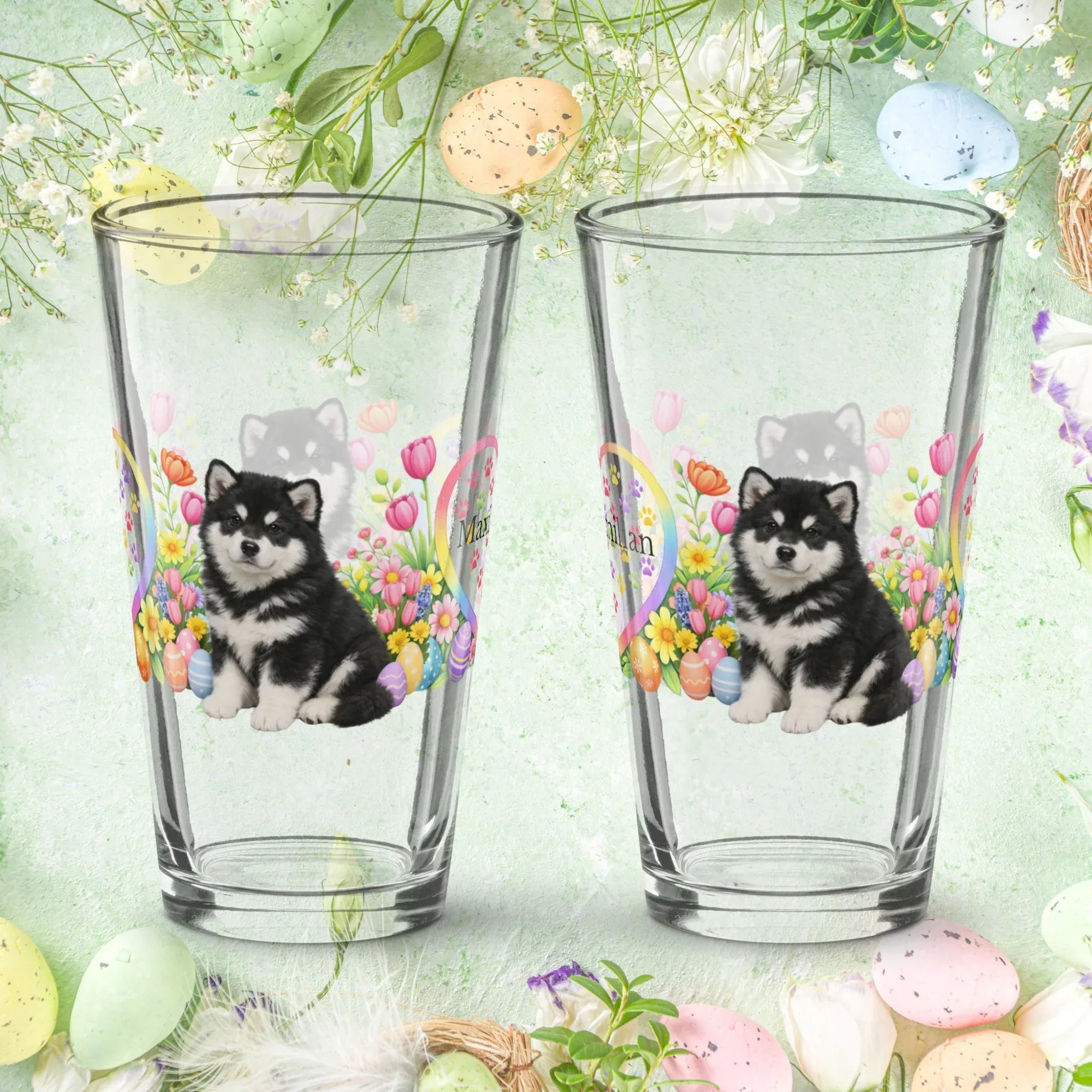 Shop our premium alaskan malamute black white easter puppy pint glass from MySisterIsASurvivor.