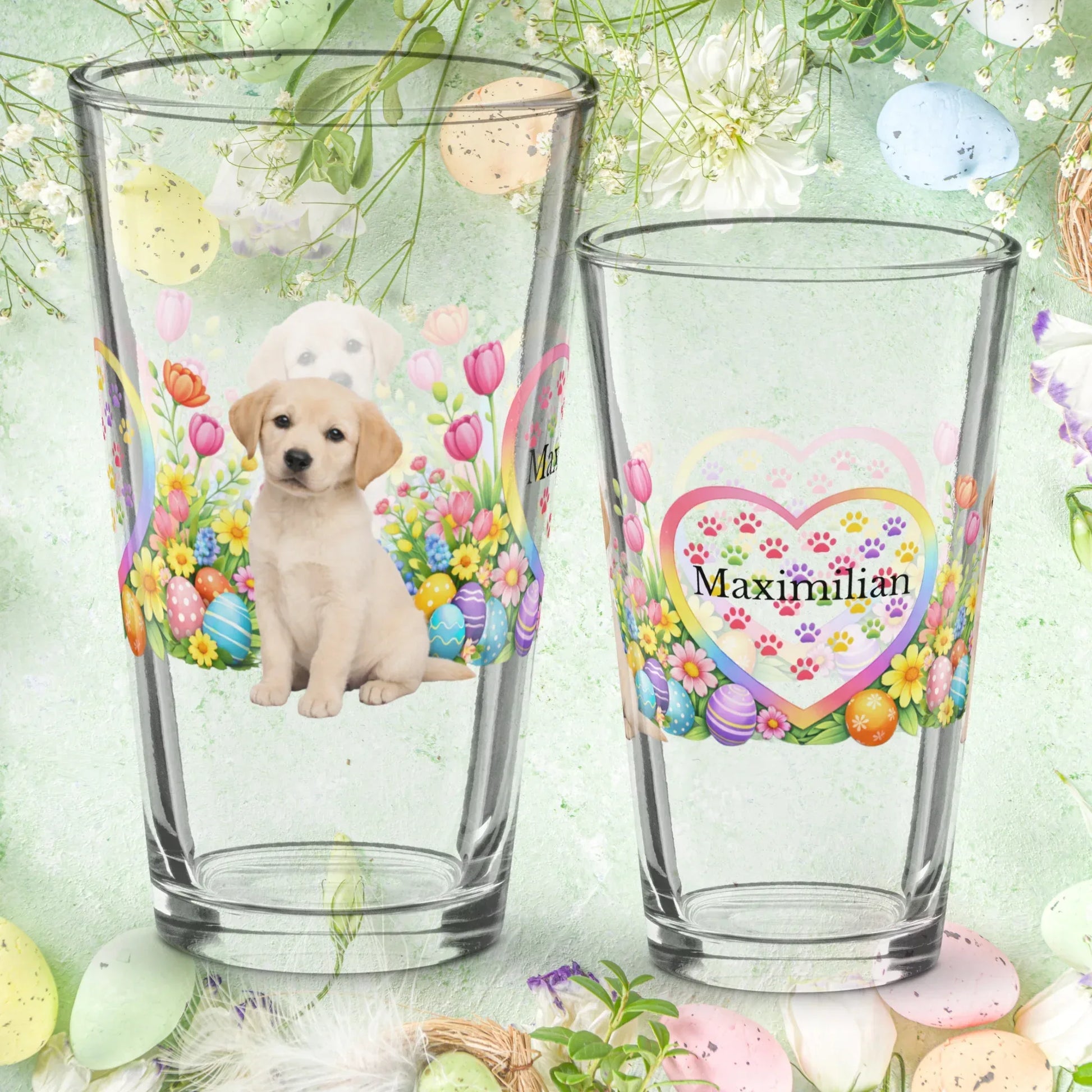 Shop our labrador retriever yellow easter puppy pint glass featuring the 16oz style option from MySisterIsASurvivor.