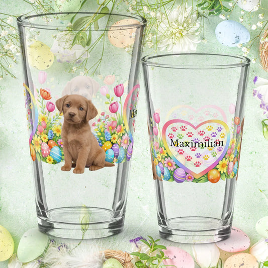 Shop our labrador retriever chocolate light easter puppy pint glass featuring the 16oz style option from MySisterIsASurvivor.