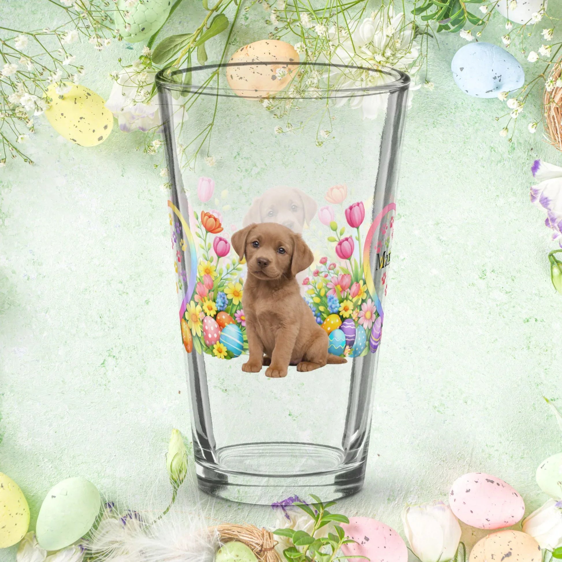 Shop our premium labrador retriever chocolate light easter puppy pint glass from MySisterIsASurvivor.