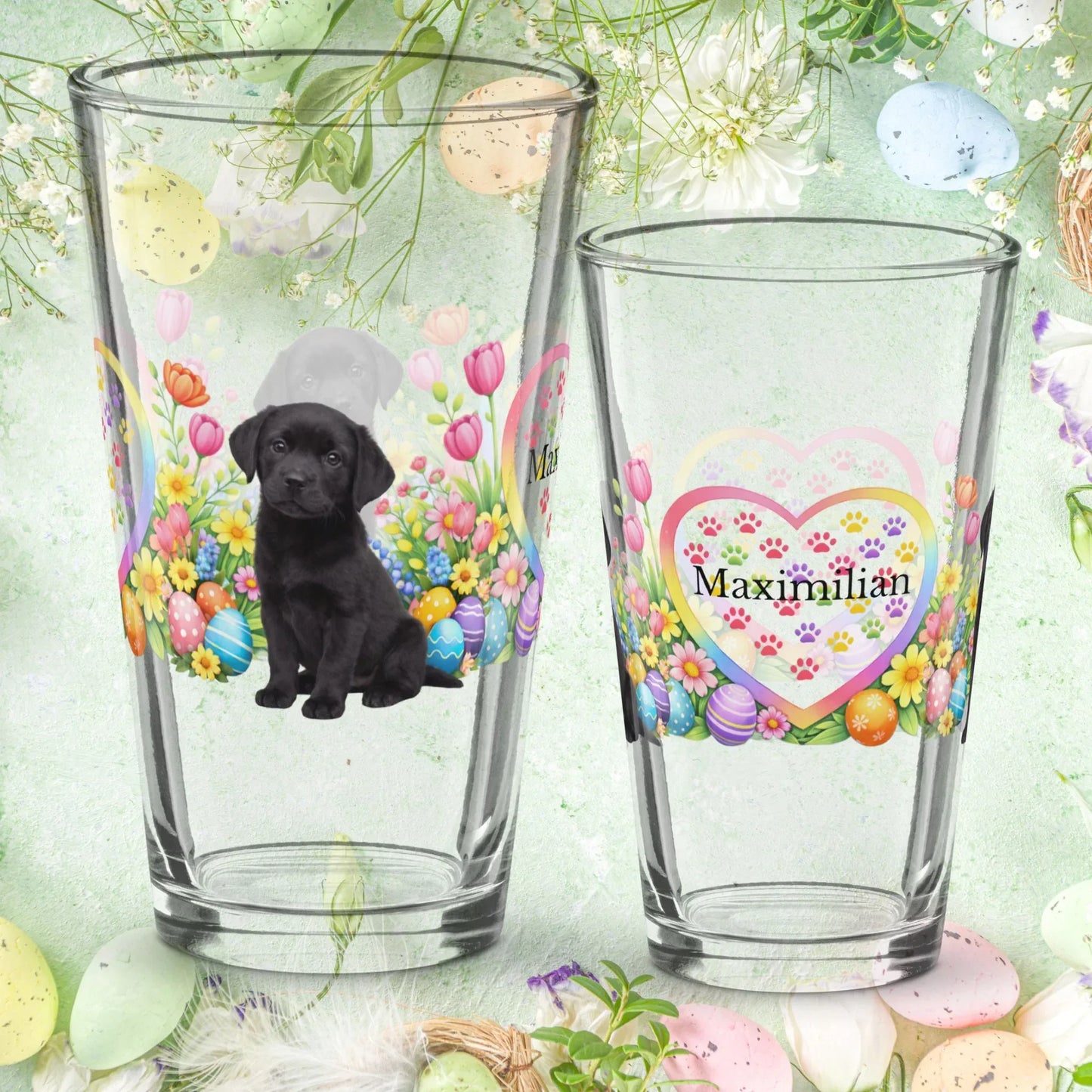 Shop our labrador retriever black easter puppy pint glass featuring the 16oz style option from MySisterIsASurvivor.
