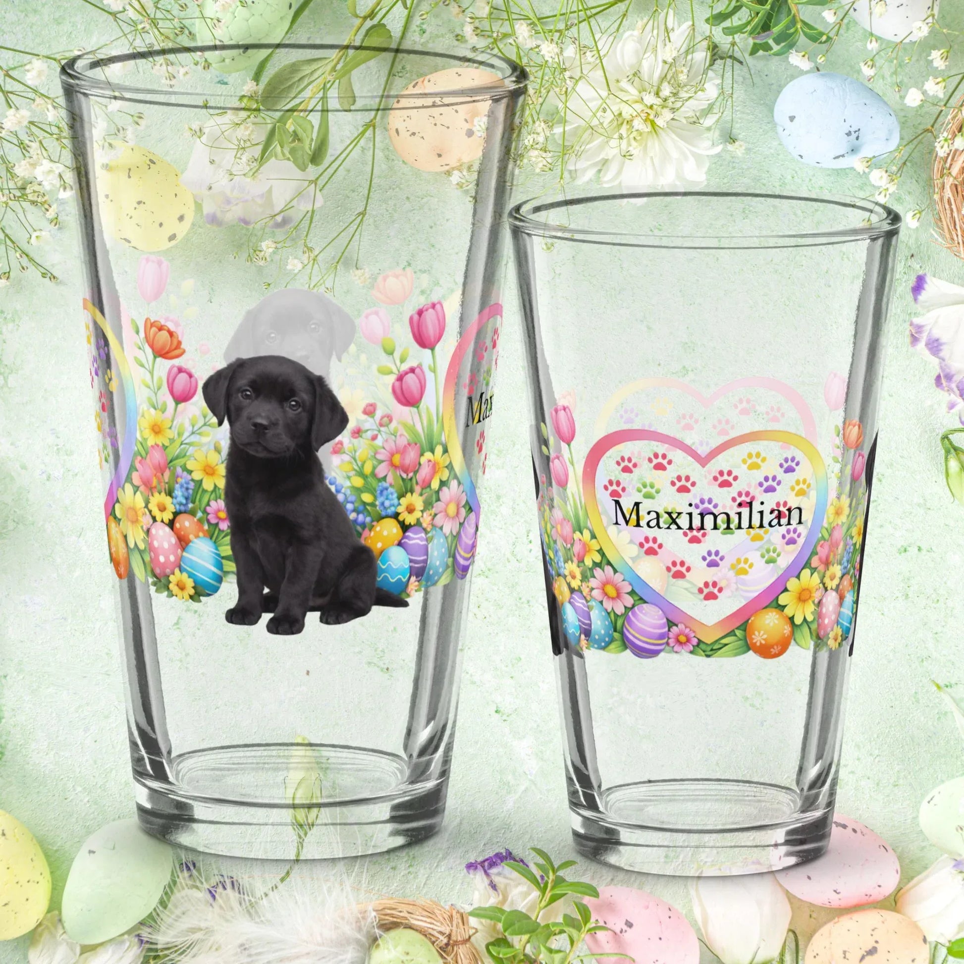 Shop our labrador retriever black easter puppy pint glass featuring the 16oz style option from MySisterIsASurvivor.