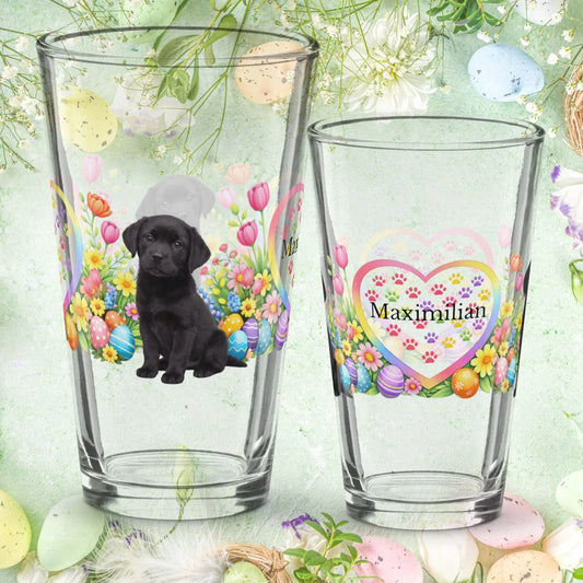 Shop our labrador retriever black easter puppy pint glass featuring the 16oz style option from MySisterIsASurvivor.