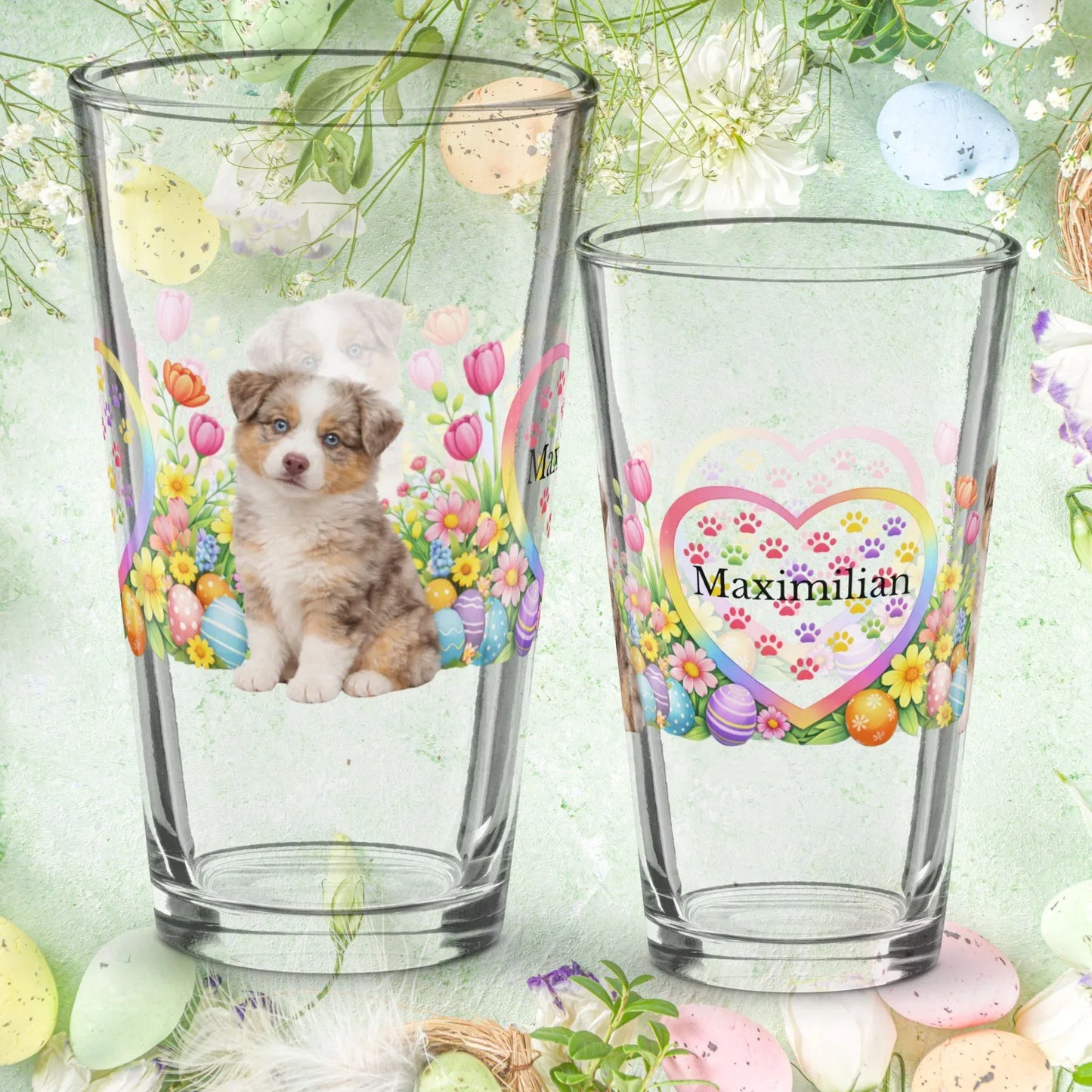 Shop our australian shepherd red merle easter puppy pint glass featuring the 16oz style option from MySisterIsASurvivor.