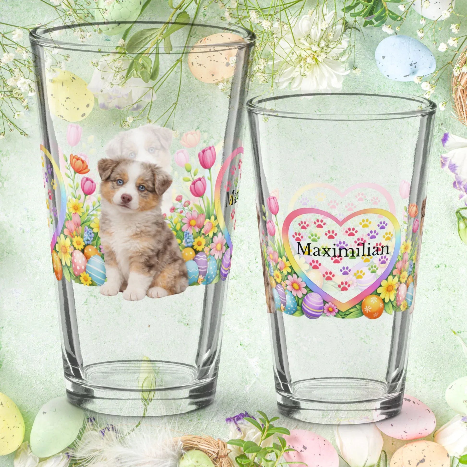 Shop our australian shepherd red merle easter puppy pint glass featuring the 16oz style option from MySisterIsASurvivor.