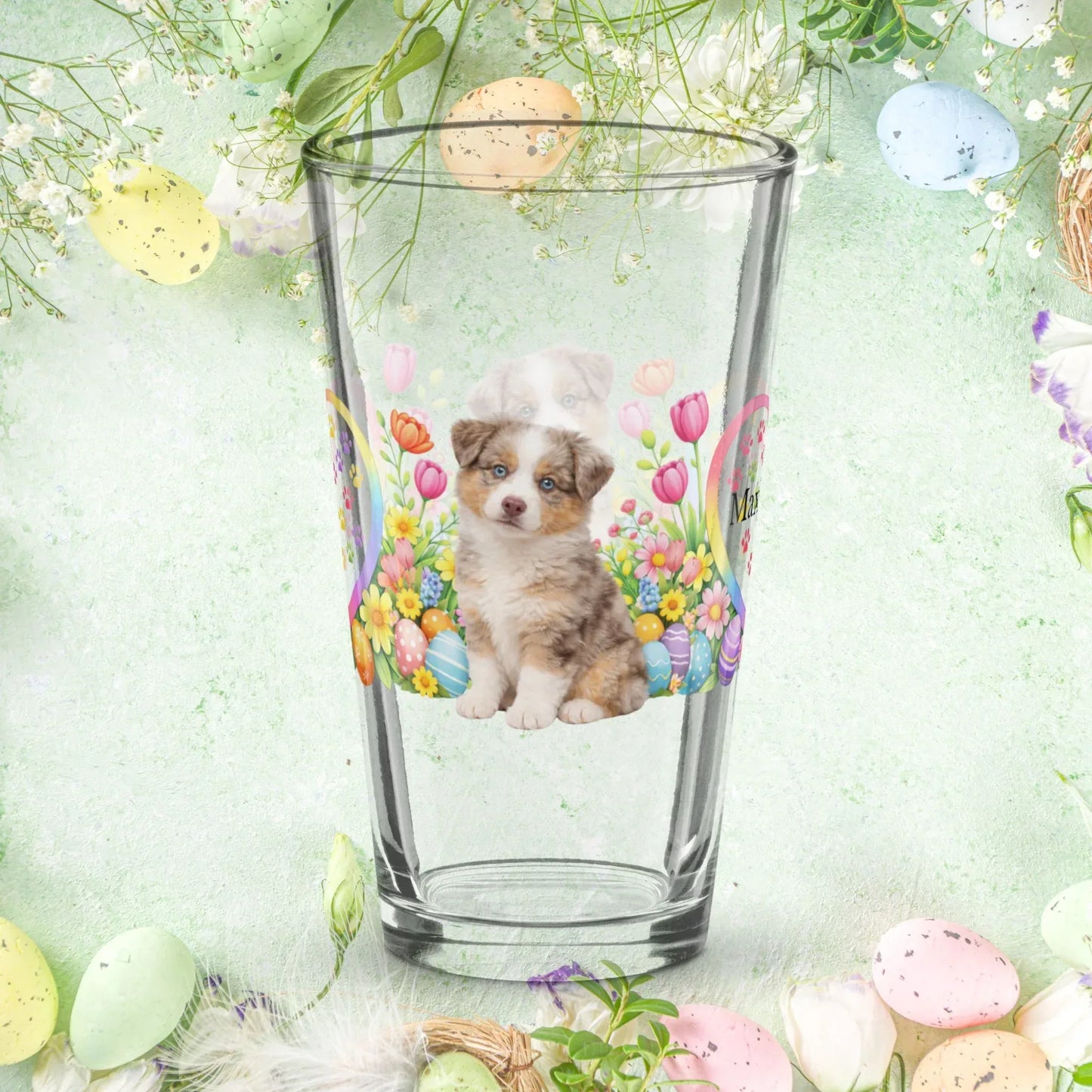 Shop our premium australian shepherd red merle easter puppy pint glass from MySisterIsASurvivor.
