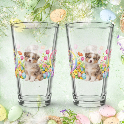 Shop our premium australian shepherd red merle easter puppy pint glass from MySisterIsASurvivor.