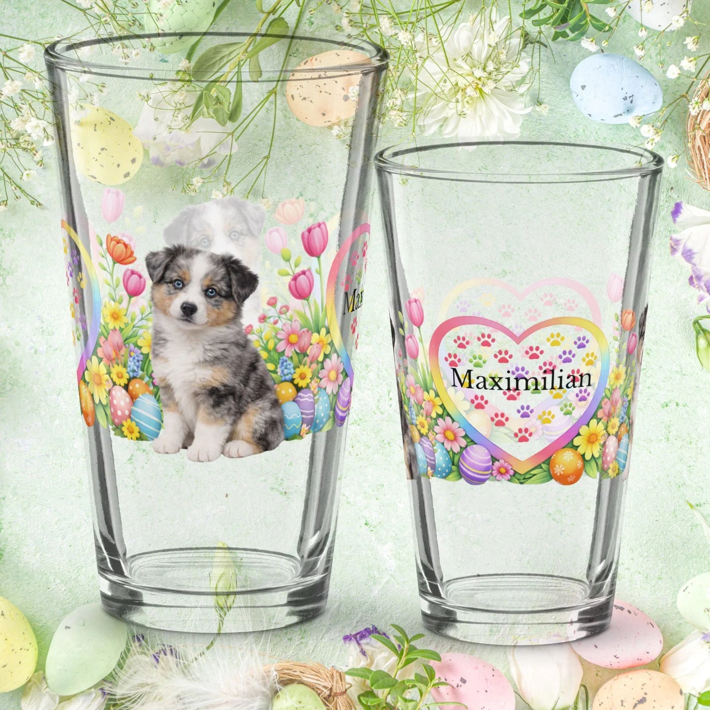 Shop our australian shepherd blue merle easter puppy pint glass featuring the 16oz style option from MySisterIsASurvivor.