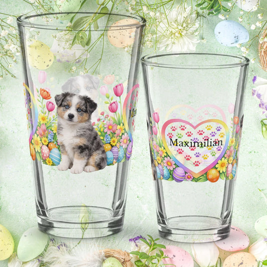 Shop our australian shepherd blue merle easter puppy pint glass featuring the 16oz style option from MySisterIsASurvivor.