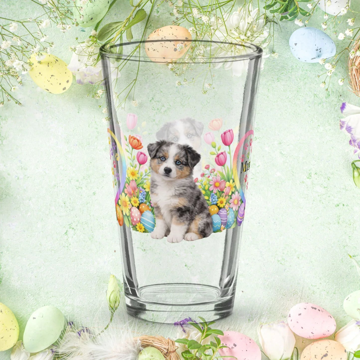 Shop our premium australian shepherd blue merle easter puppy pint glass from MySisterIsASurvivor.