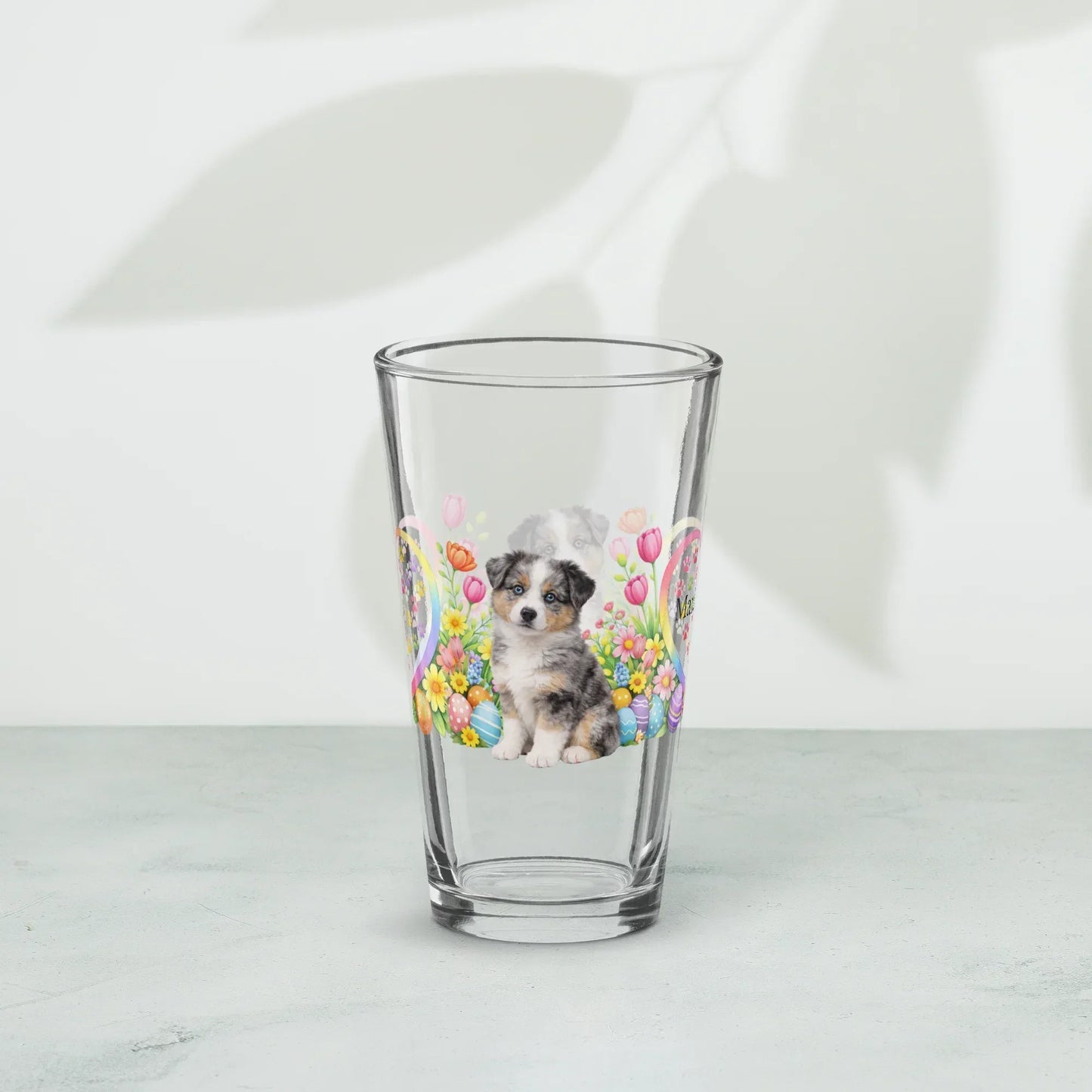 Shop our premium australian shepherd blue merle easter puppy pint glass from MySisterIsASurvivor.