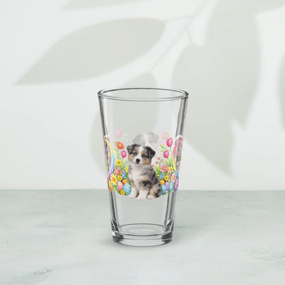 Shop our premium australian shepherd blue merle easter puppy pint glass from MySisterIsASurvivor.