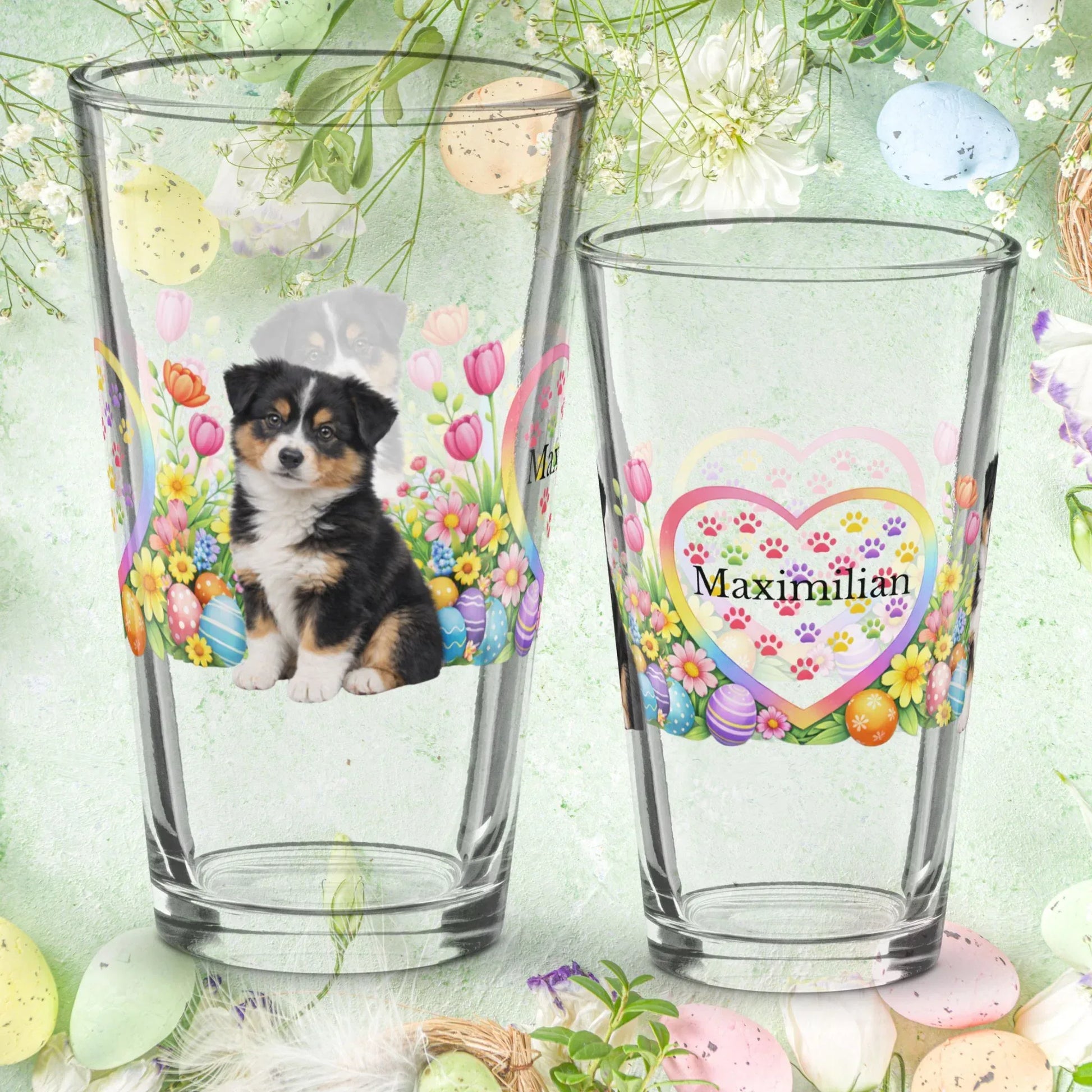 Shop our australian shepherd black tri easter puppy pint glass featuring the 16oz style option from MySisterIsASurvivor.