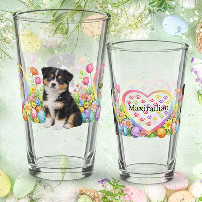 Shop our australian shepherd black tri easter puppy pint glass featuring the 16oz style option from MySisterIsASurvivor.
