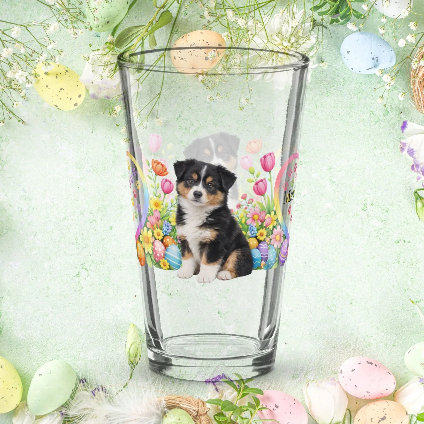 Shop our premium australian shepherd black tri easter puppy pint glass from MySisterIsASurvivor.