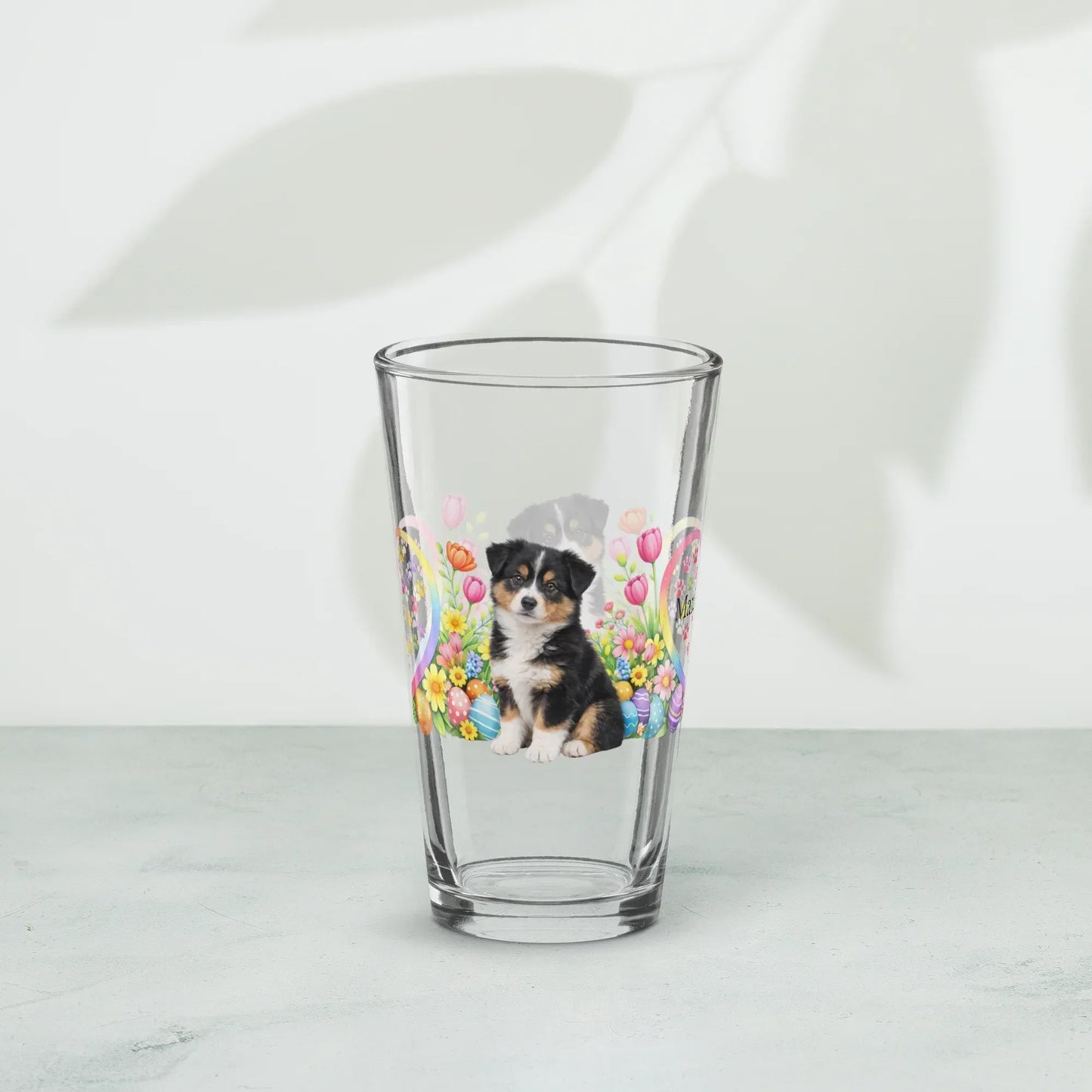 Shop our premium australian shepherd black tri easter puppy pint glass from MySisterIsASurvivor.