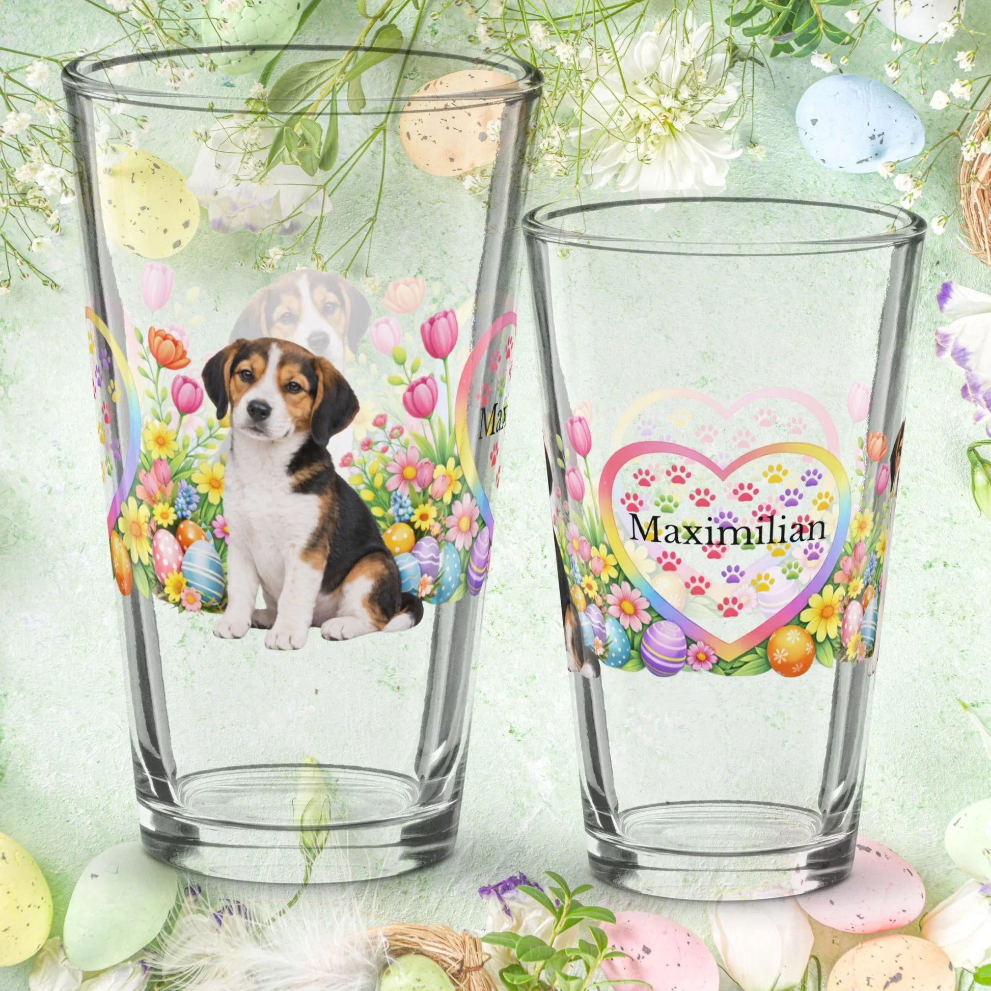 Shop our american foxhound tri color easter puppy pint glass featuring the 16oz style option from MySisterIsASurvivor.