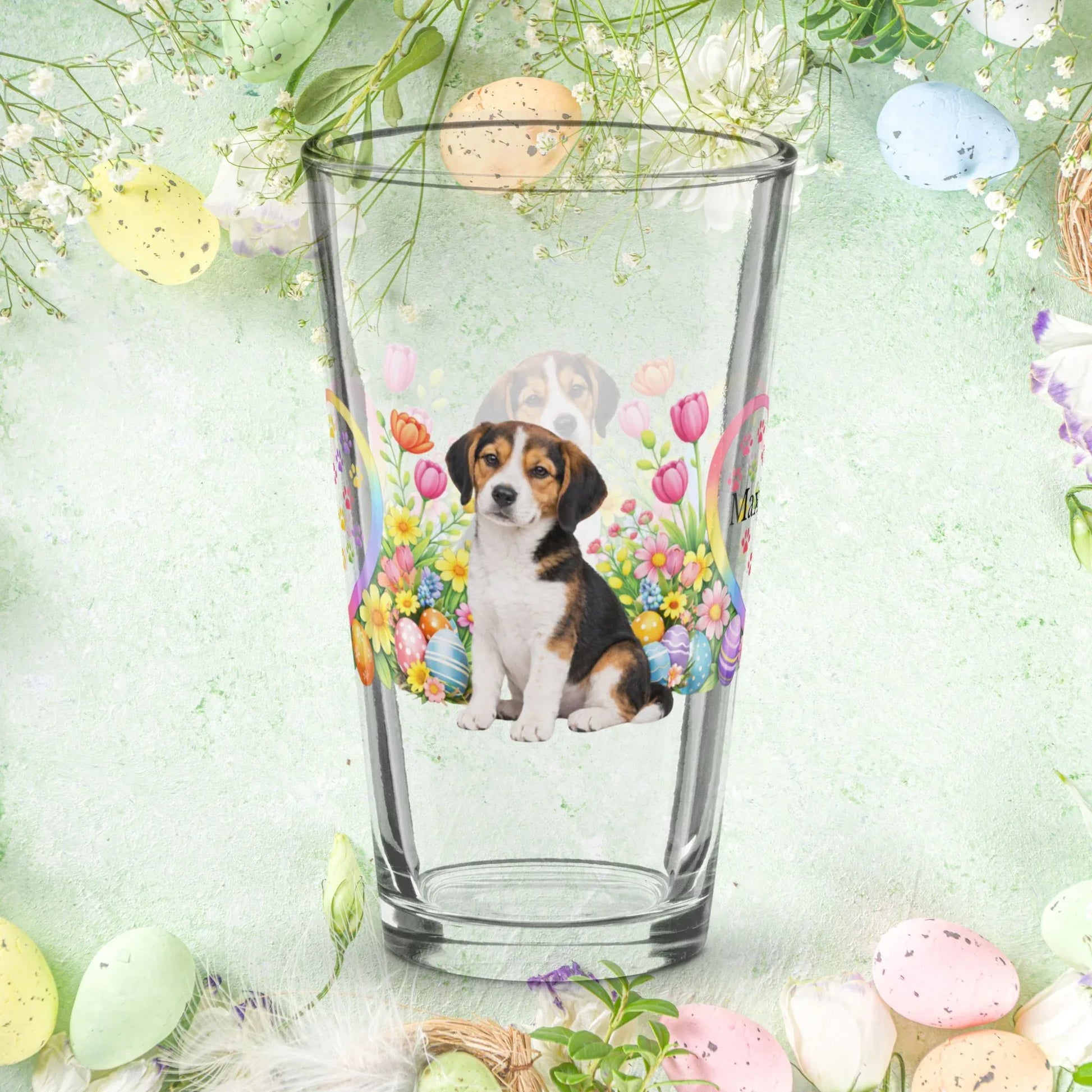 Shop our premium american foxhound tri color easter puppy pint glass from MySisterIsASurvivor.