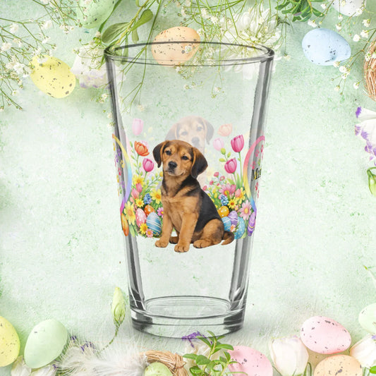 Shop our premium american foxhound tan black easter puppy pint glass from MySisterIsASurvivor.
