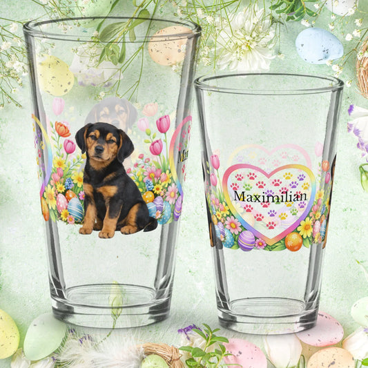 Shop our american foxhound black tan easter puppy pint glass featuring the 16oz style option from MySisterIsASurvivor.