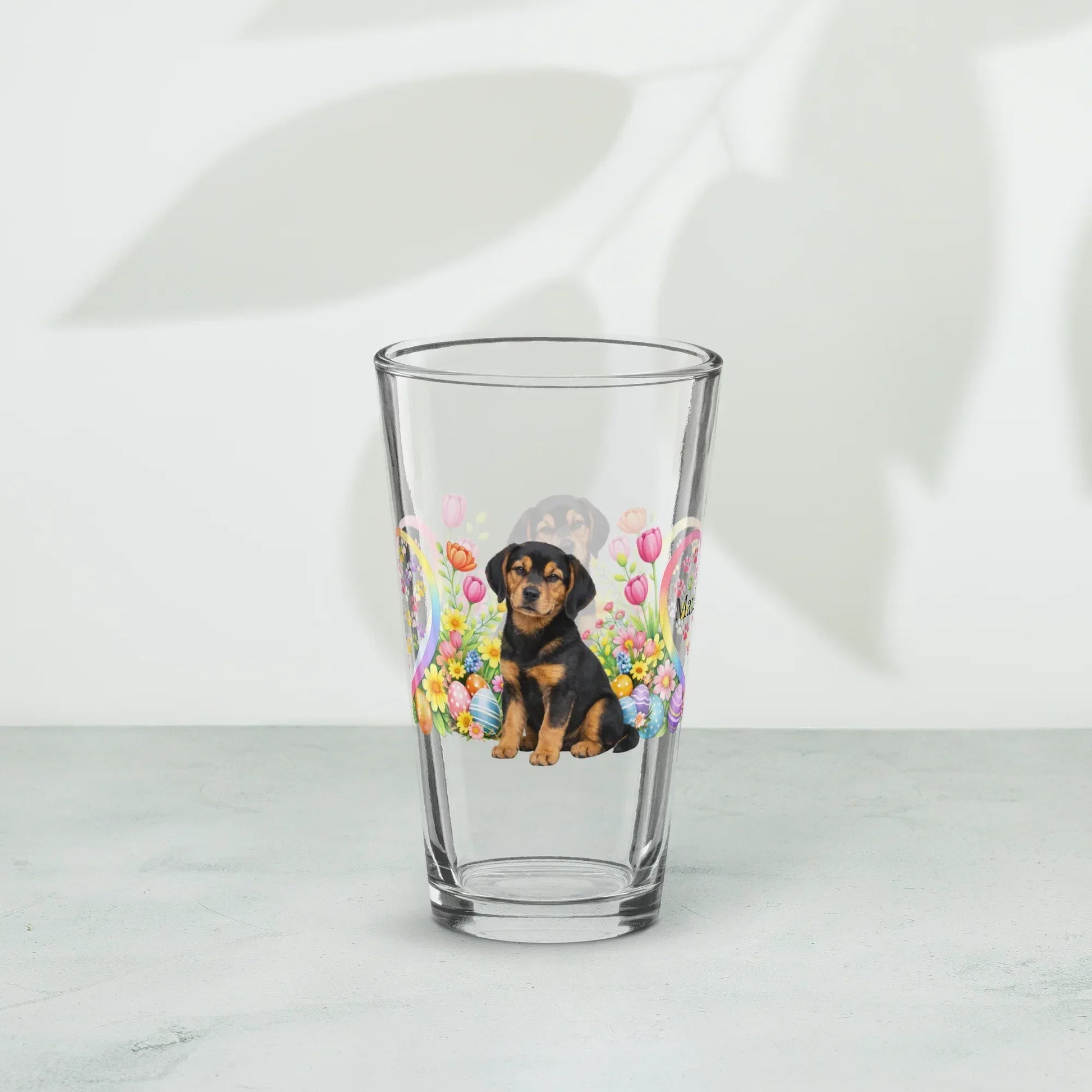 Shop our premium american foxhound black tan easter puppy pint glass from MySisterIsASurvivor.