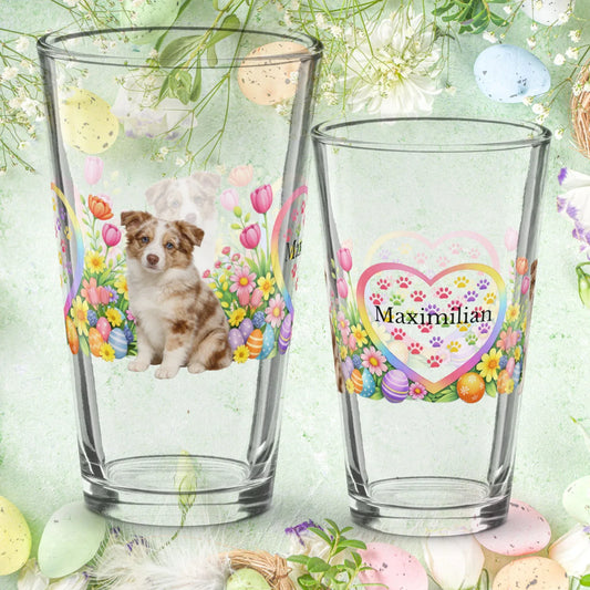 Shop our border collie red merle easter puppy pint glass featuring the 16oz style option from MySisterIsASurvivor.